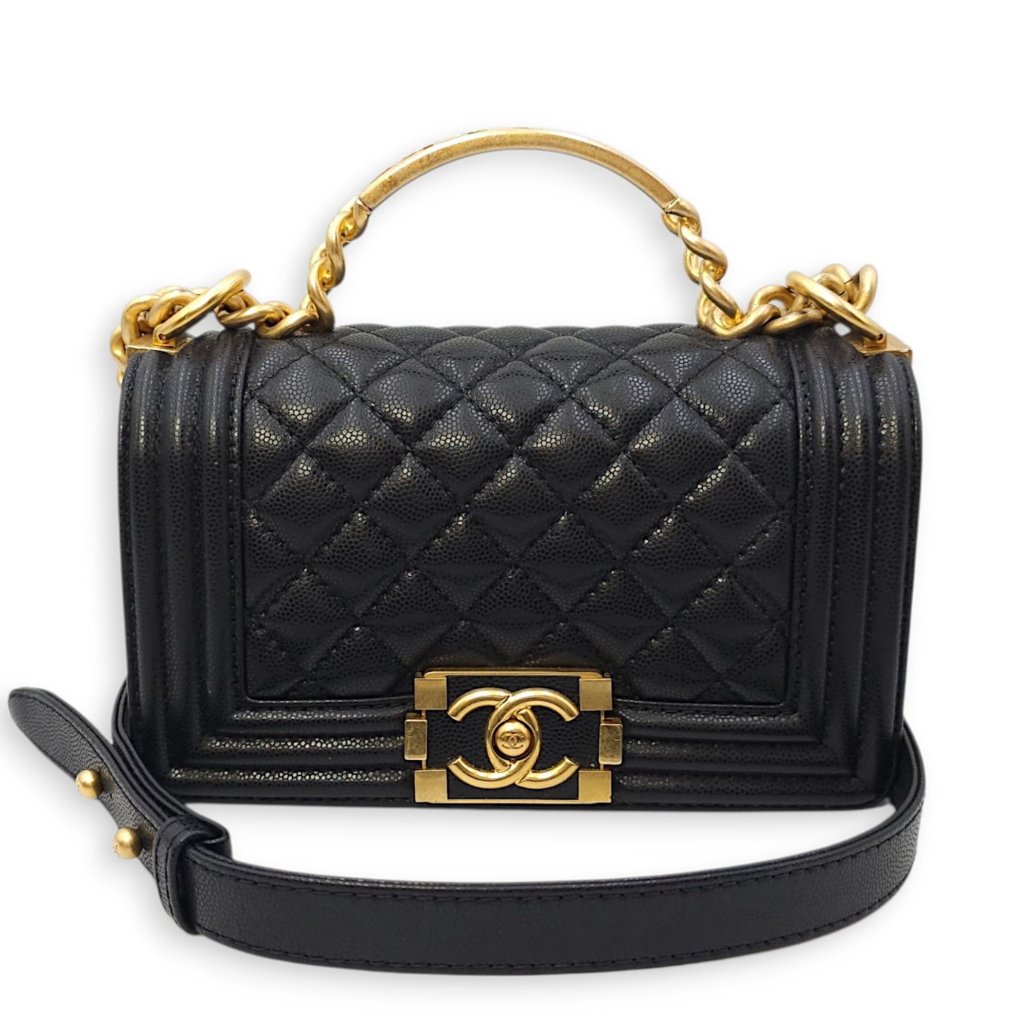 Le Boy Small Black Shoulder Bag in Caviar Leather, Gold hardware