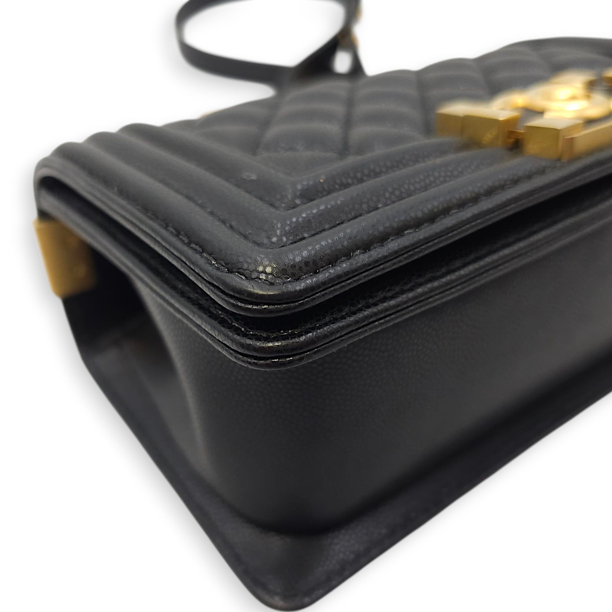Le Boy Small Black Shoulder Bag in Caviar Leather, Gold hardware