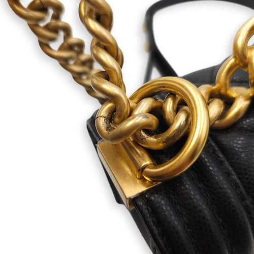 Le Boy Small Black Shoulder Bag in Caviar Leather, Gold hardware