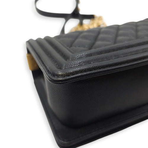 Le Boy Small Black Shoulder Bag in Caviar Leather, Gold hardware