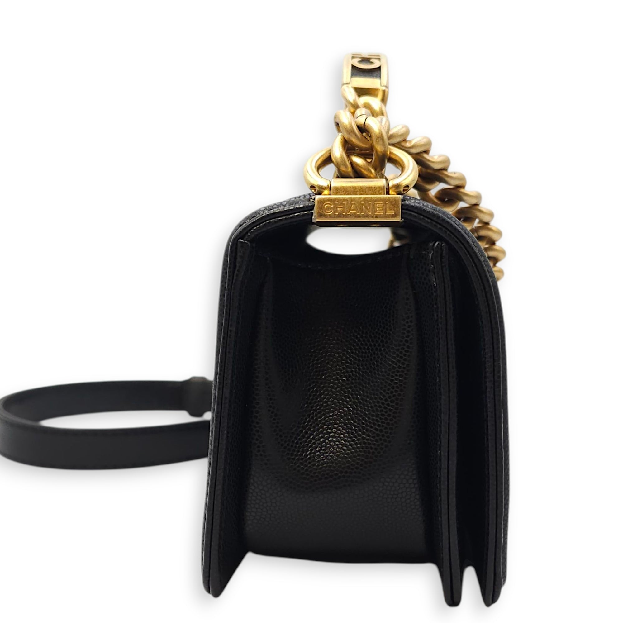 Le Boy Small Black Shoulder Bag in Caviar Leather, Gold hardware