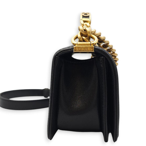 Le Boy Small Black Shoulder Bag in Caviar Leather, Gold hardware