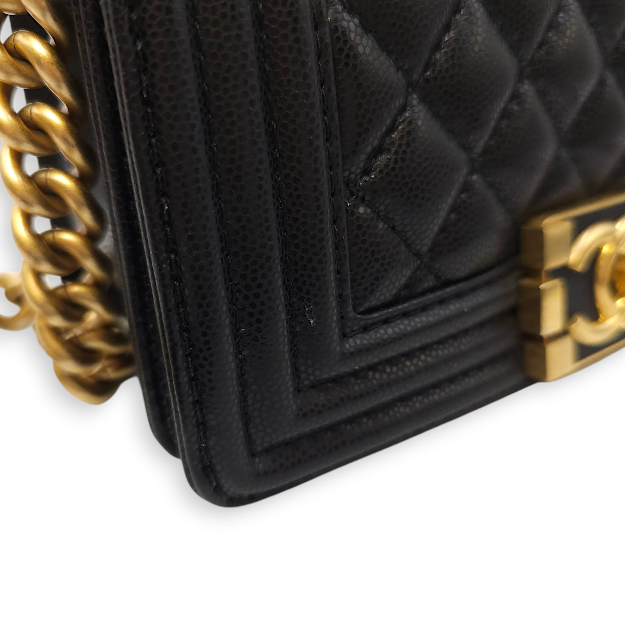 Le Boy Small Black Shoulder Bag in Caviar Leather, Gold hardware