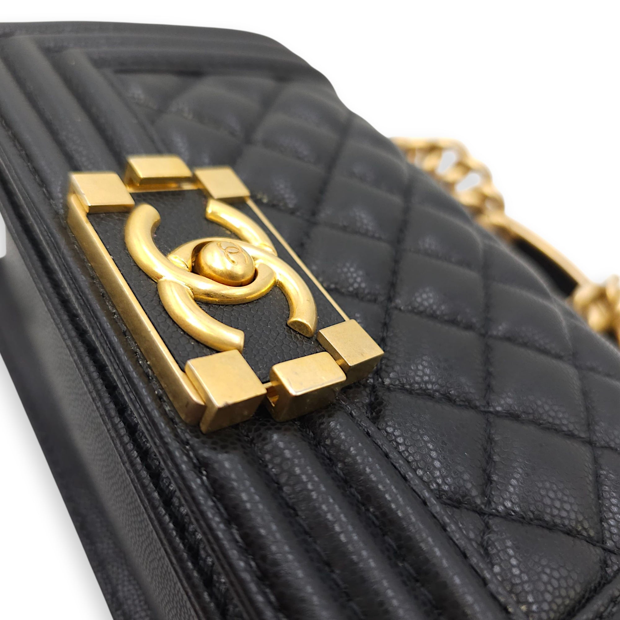 Le Boy Small Black Shoulder Bag in Caviar Leather, Gold hardware