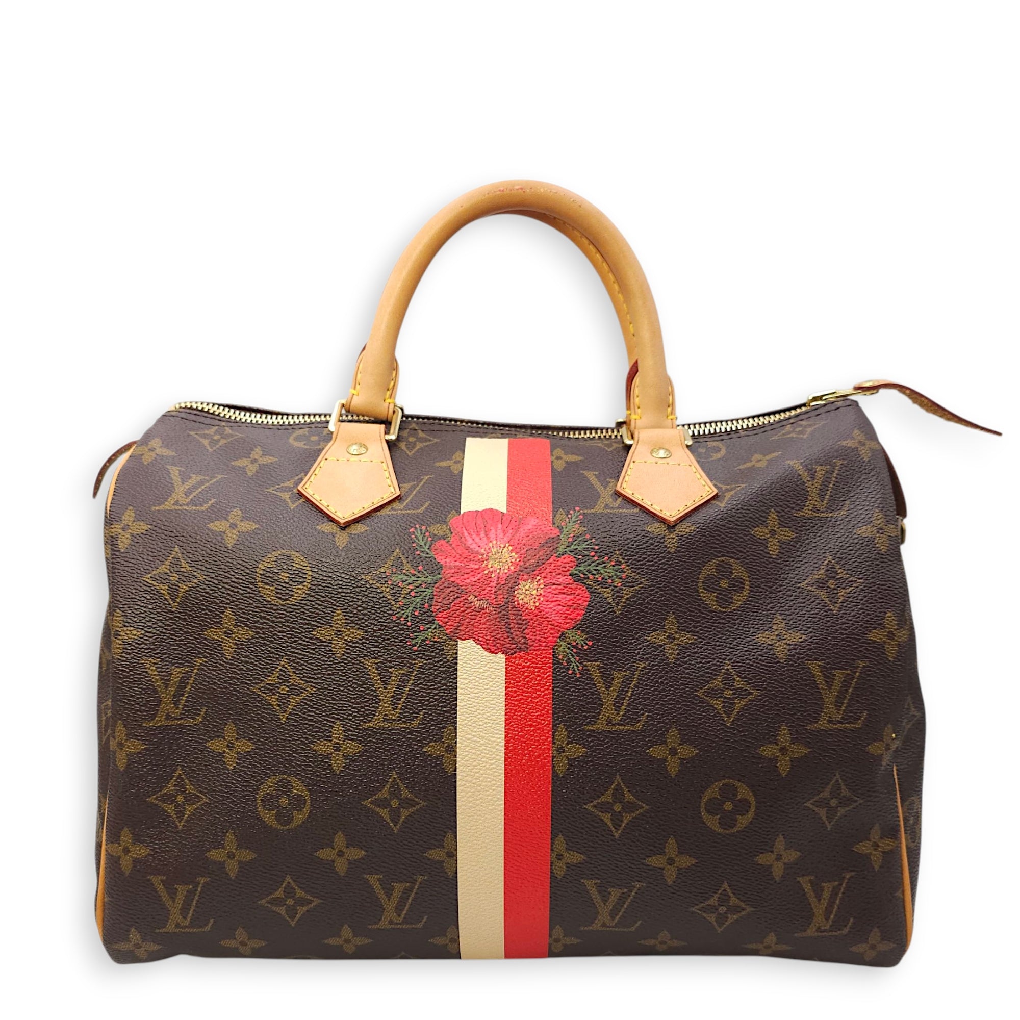 Speedy Hibiscus Print 30cm Brown Monogram Top Handle Bag in Canvas, Gold hardware