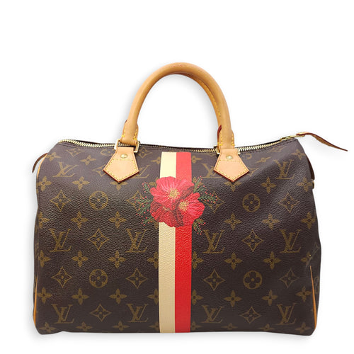 Speedy Hibiscus Print 30cm Brown Monogram Top Handle Bag in Canvas, Gold hardware