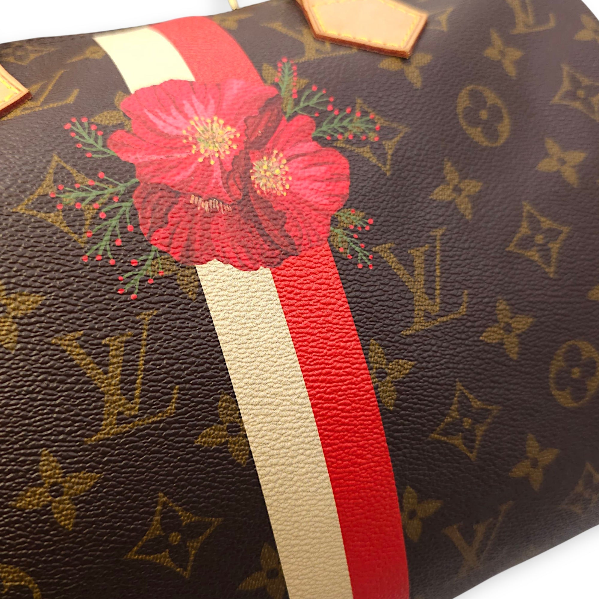 Speedy Hibiscus Print 30cm Brown Monogram Top Handle Bag in Canvas, Gold hardware