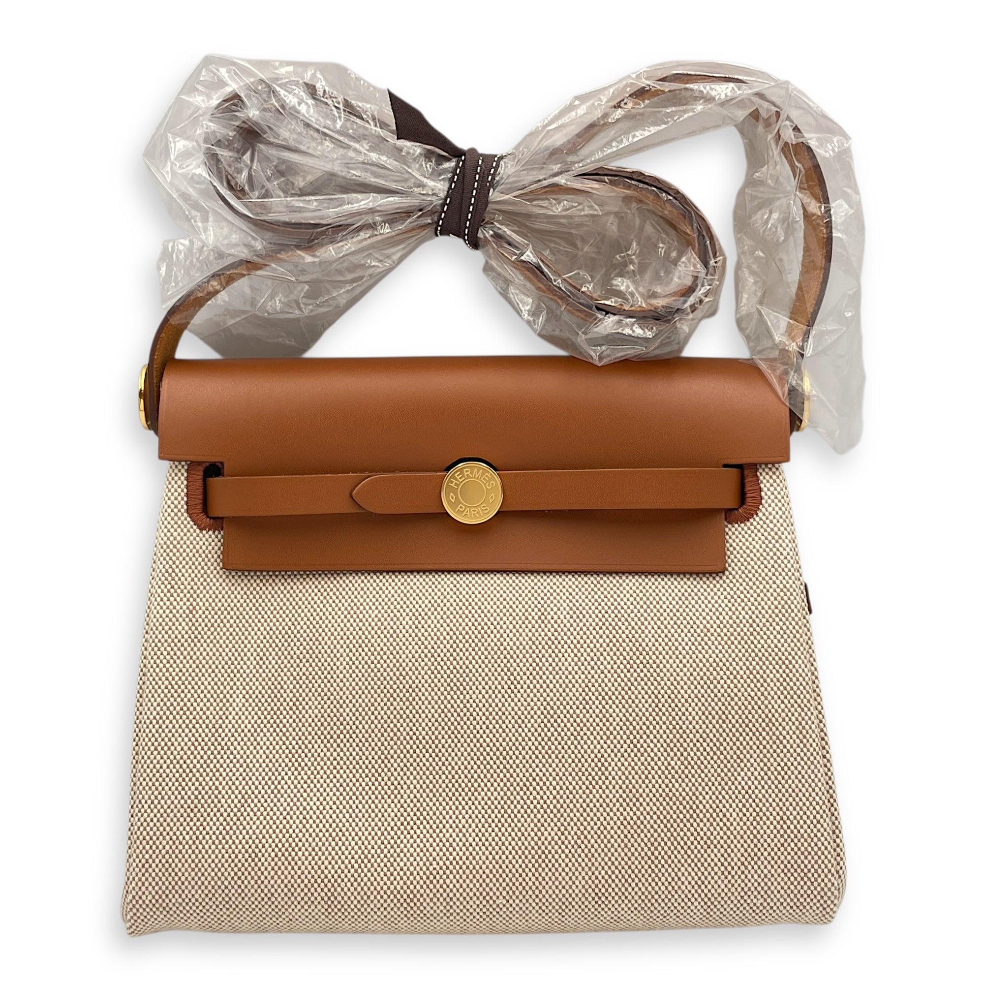 Herbag 20 Fauve/Ecru-Beige in Vache Hunter/Toile, Gold hardware
