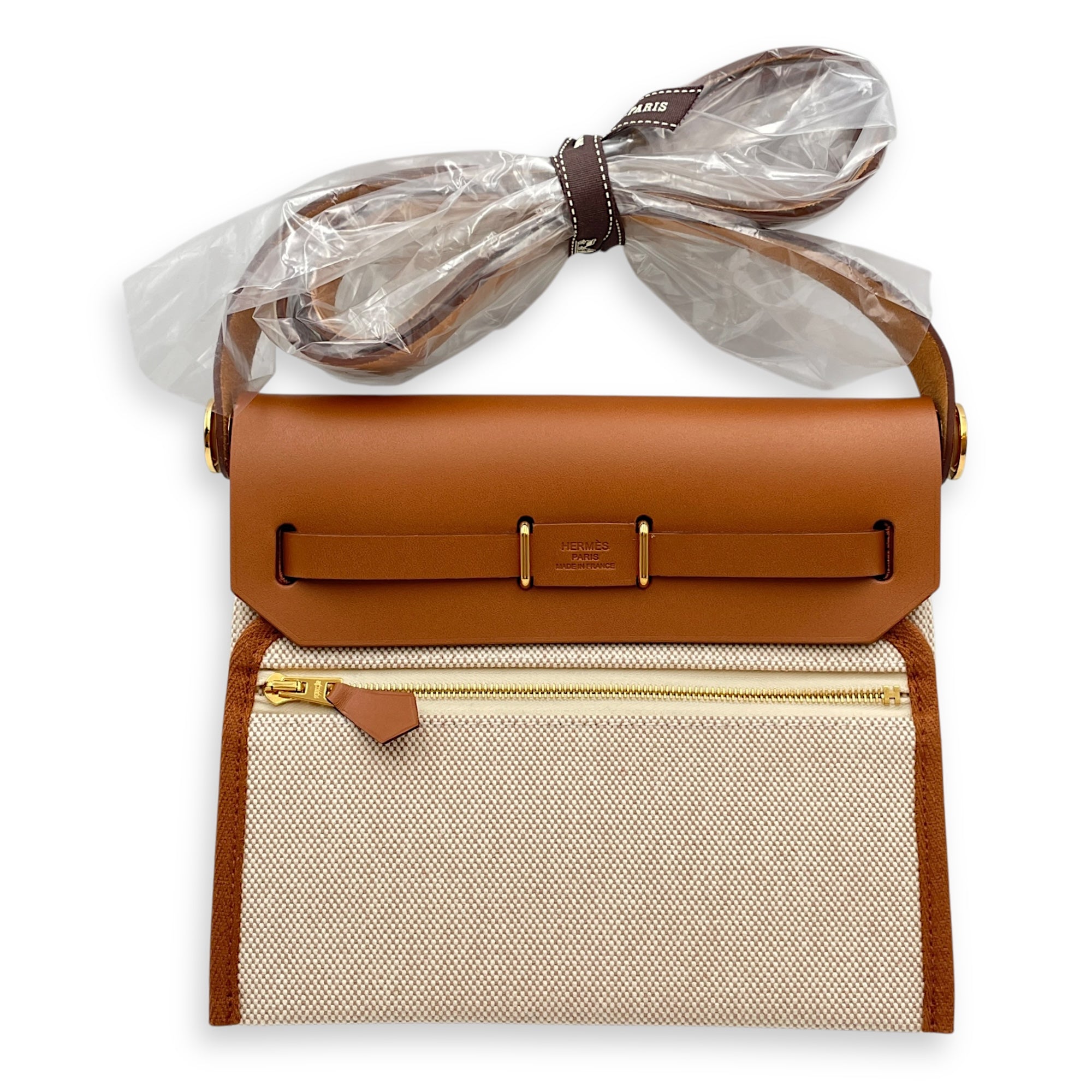 Herbag 20 Fauve/Ecru-Beige in Vache Hunter/Toile, Gold hardware