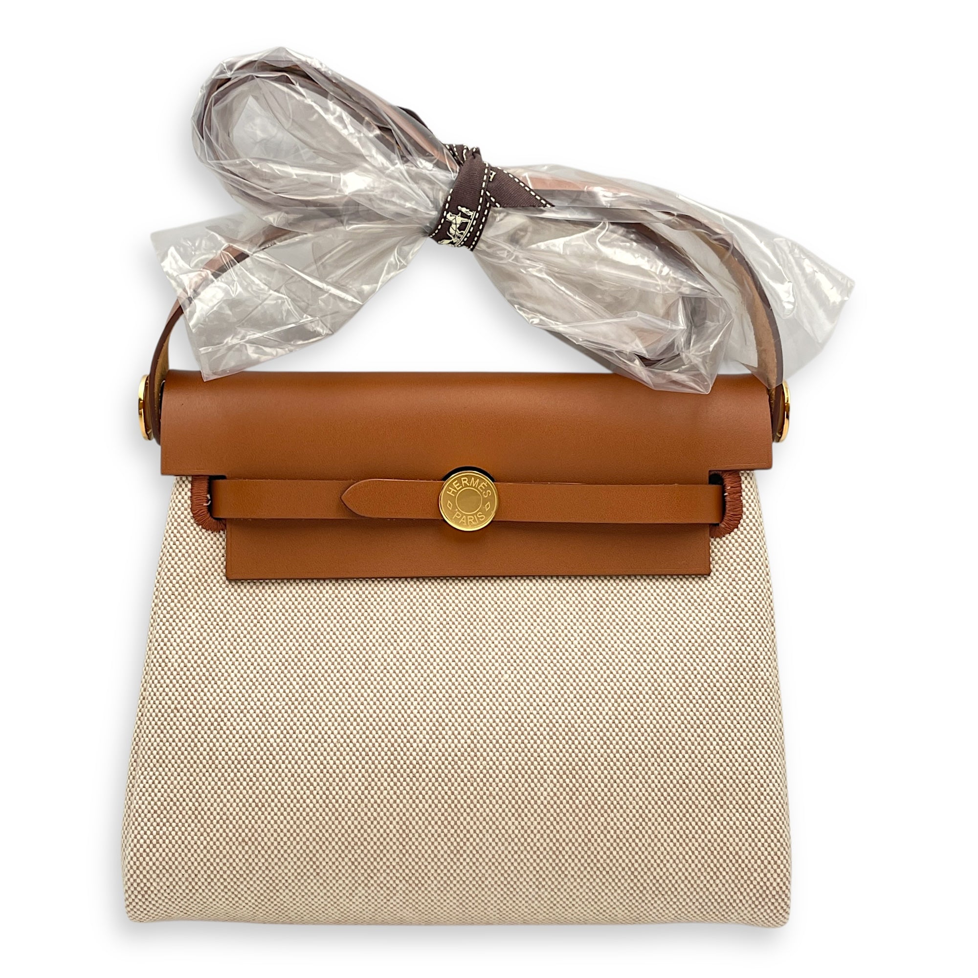 Herbag 20 Fauve/Ecru-Beige in Vache Hunter/Toile, Gold hardware