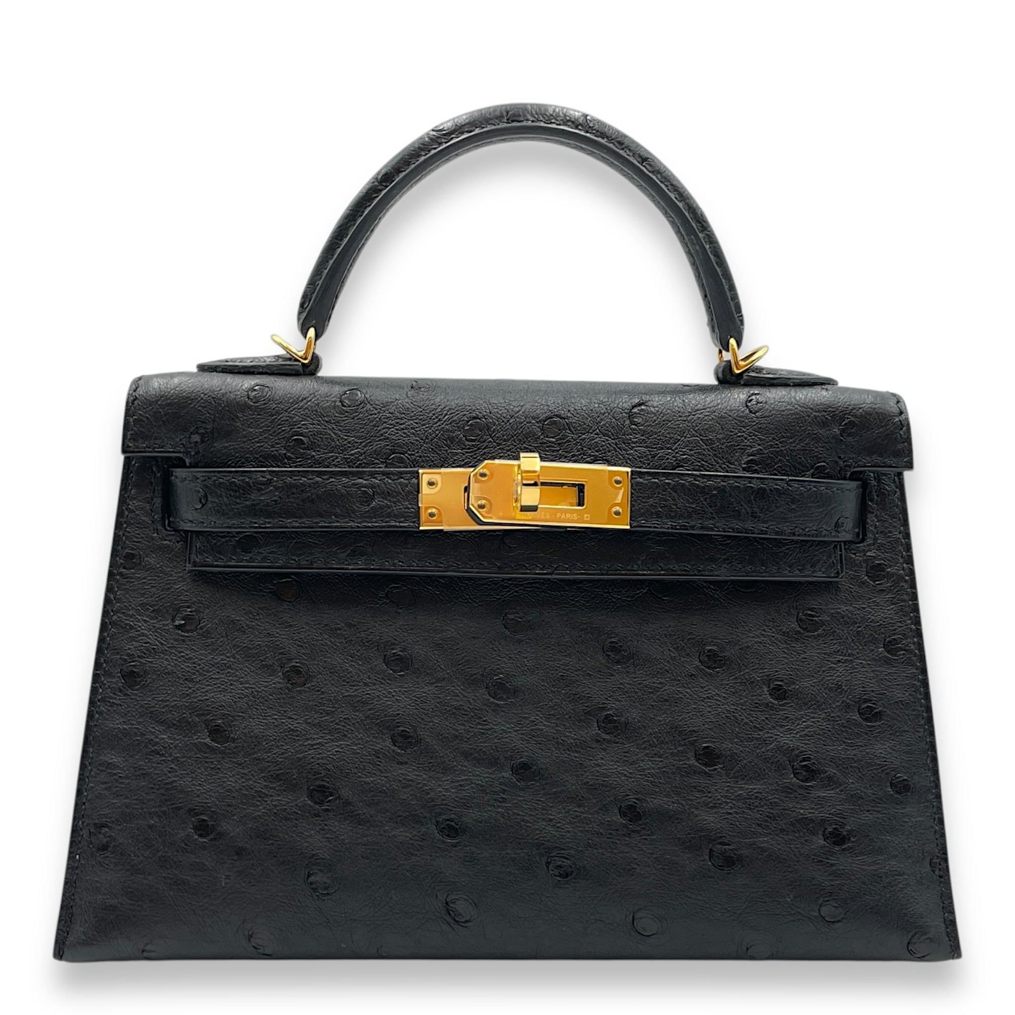 Sellier Kelly 20 Black in Ostrich, Gold hardware