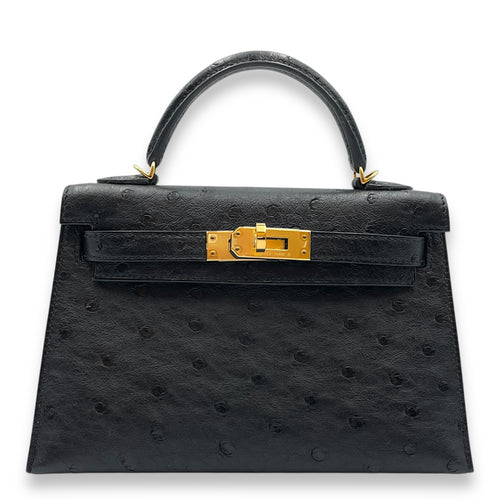 Sellier Kelly 20 Black in Ostrich, Gold hardware