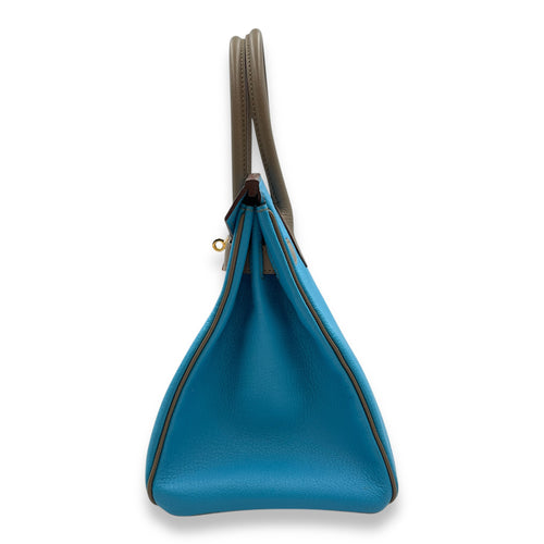HSS Birkin 30 Blue Azteque/Gris Tourterelle in Chevre Mysore, Gold hardware