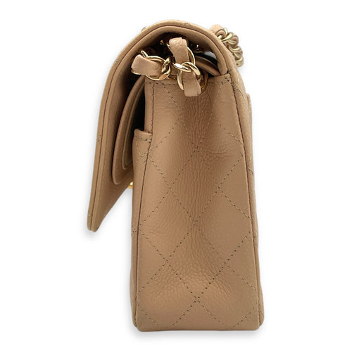 Quilted Classic Medium Beige Double Flap Bag in Caviar Leather, Gold hardware