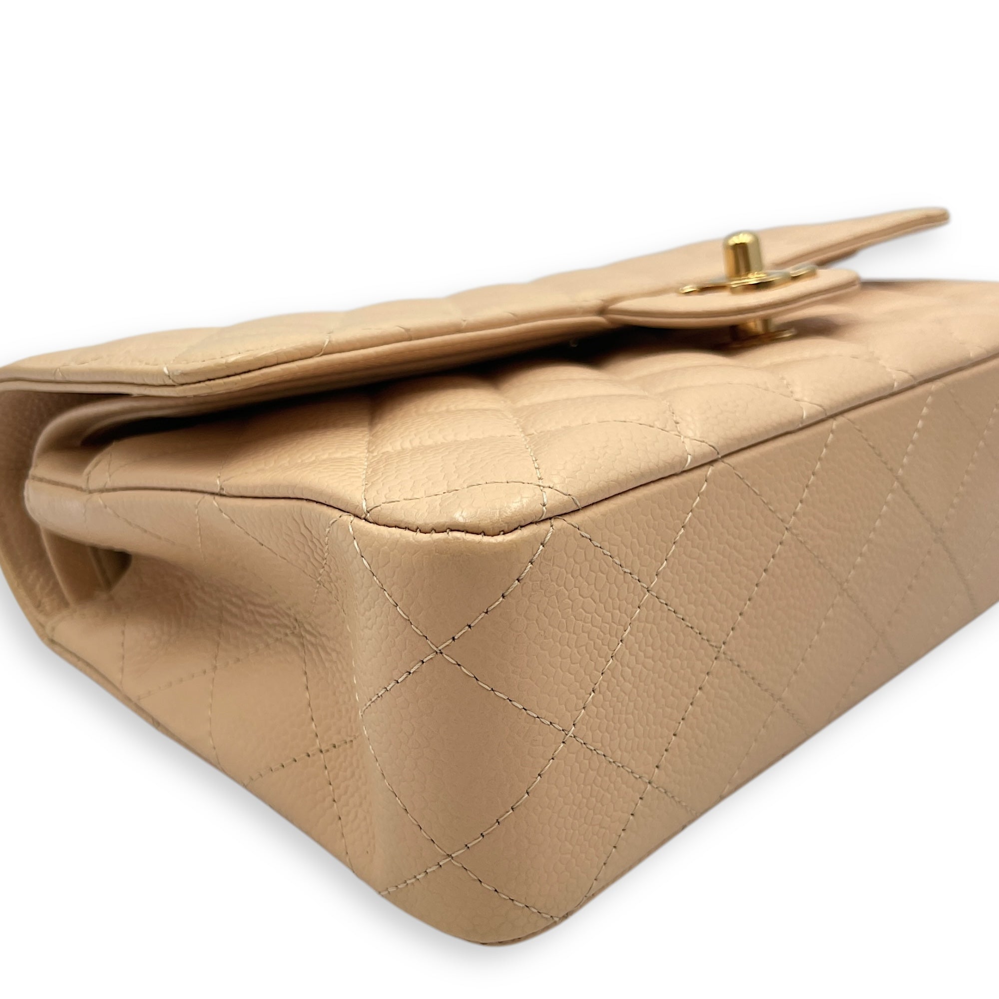 Quilted Classic Medium Beige Double Flap Bag in Caviar Leather, Gold hardware