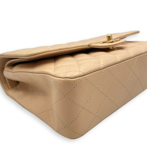 Quilted Classic Medium Beige Double Flap Bag in Caviar Leather, Gold hardware