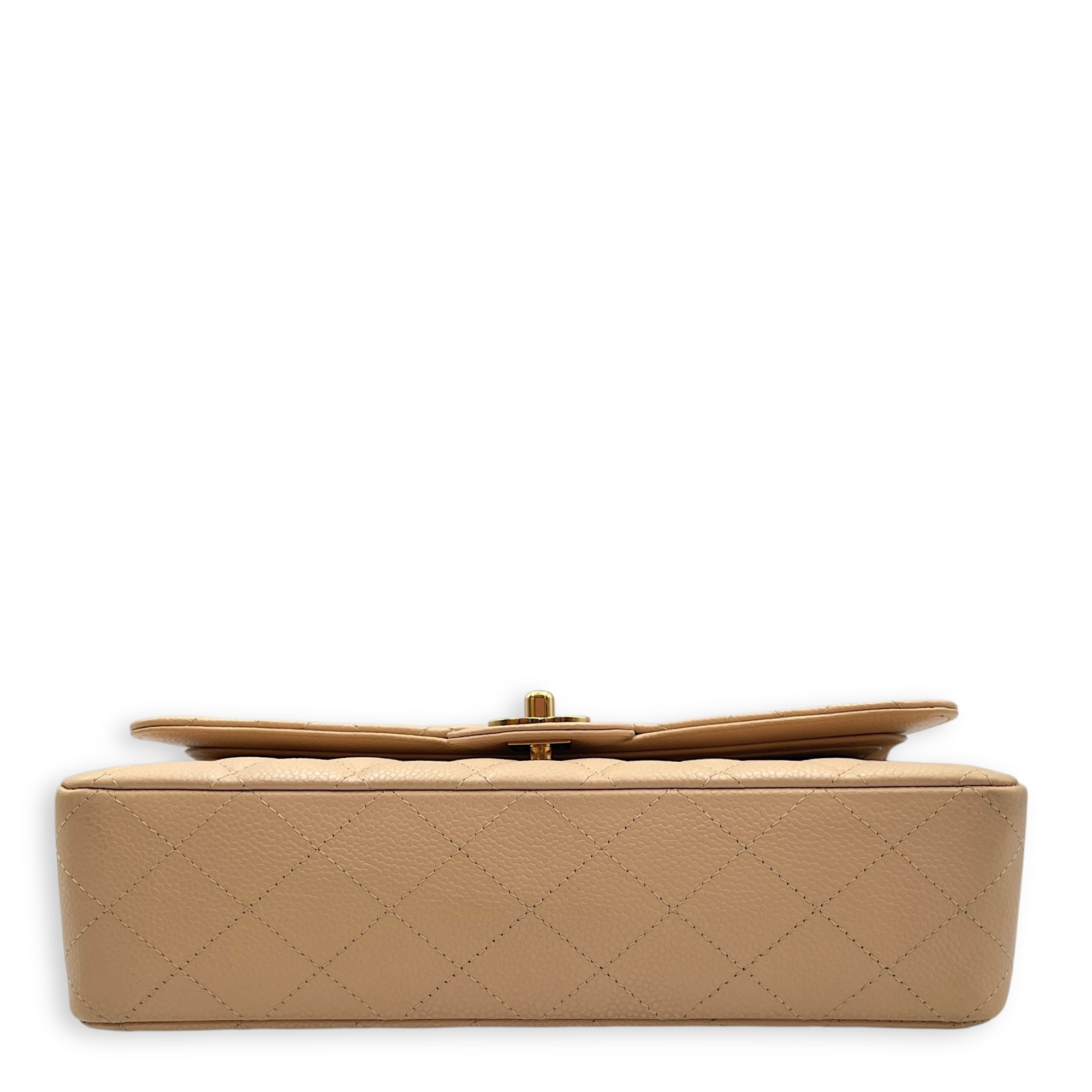 Quilted Classic Medium Beige Double Flap Bag in Caviar Leather, Gold hardware