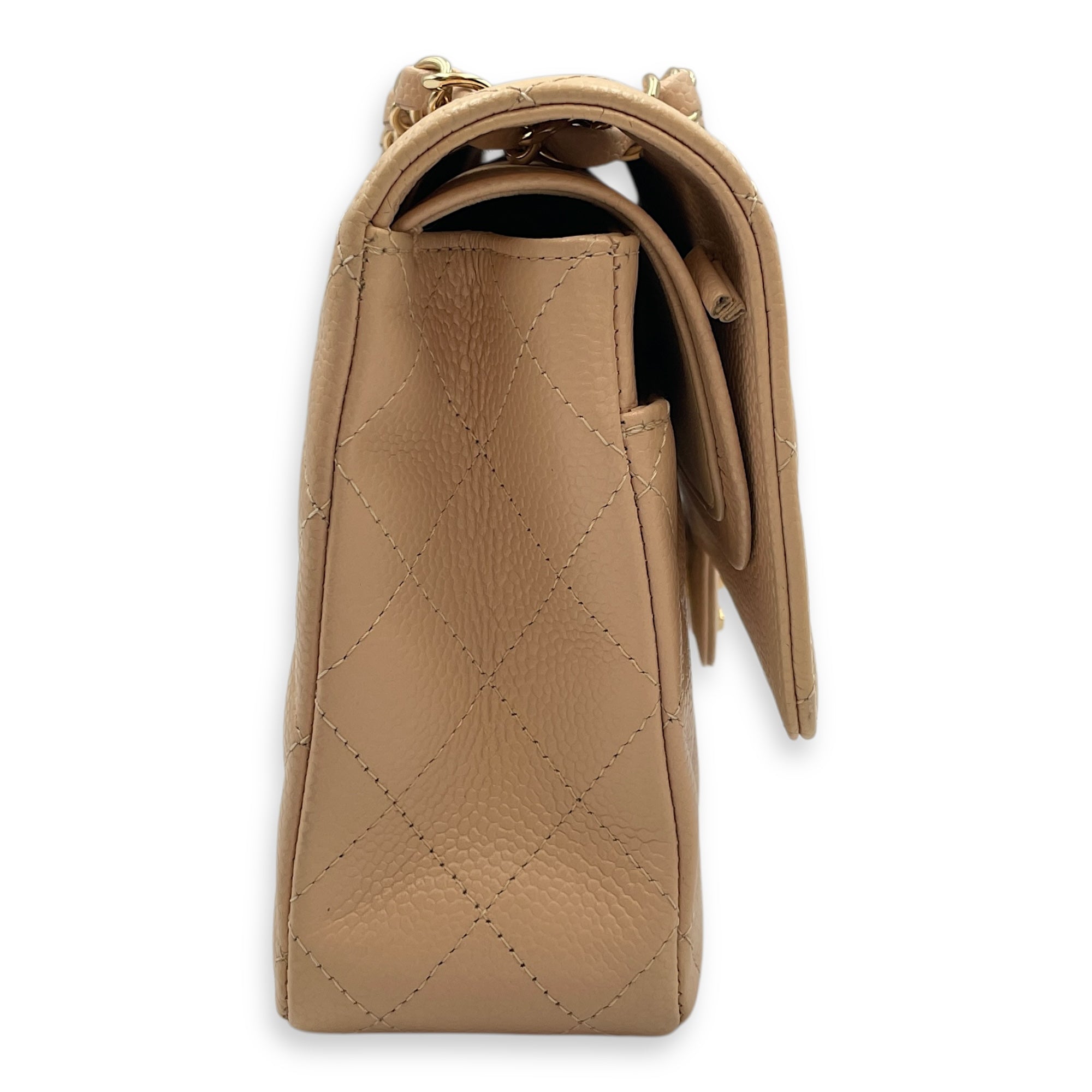 Quilted Classic Medium Beige Double Flap Bag in Caviar Leather, Gold hardware