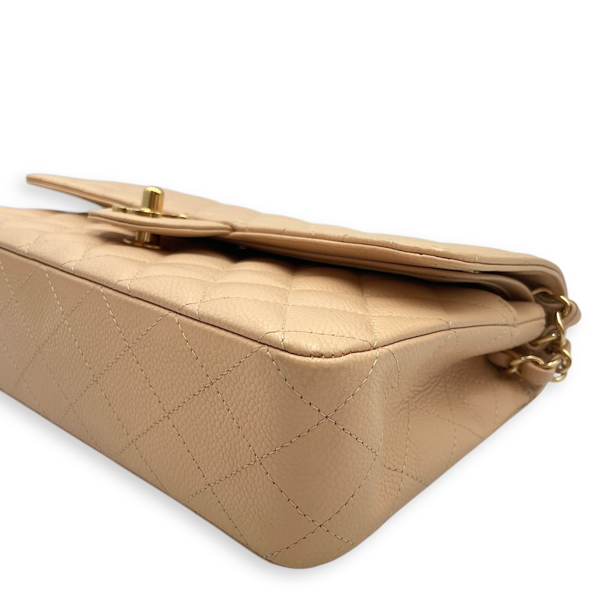 Quilted Classic Medium Beige Double Flap Bag in Caviar Leather, Gold hardware