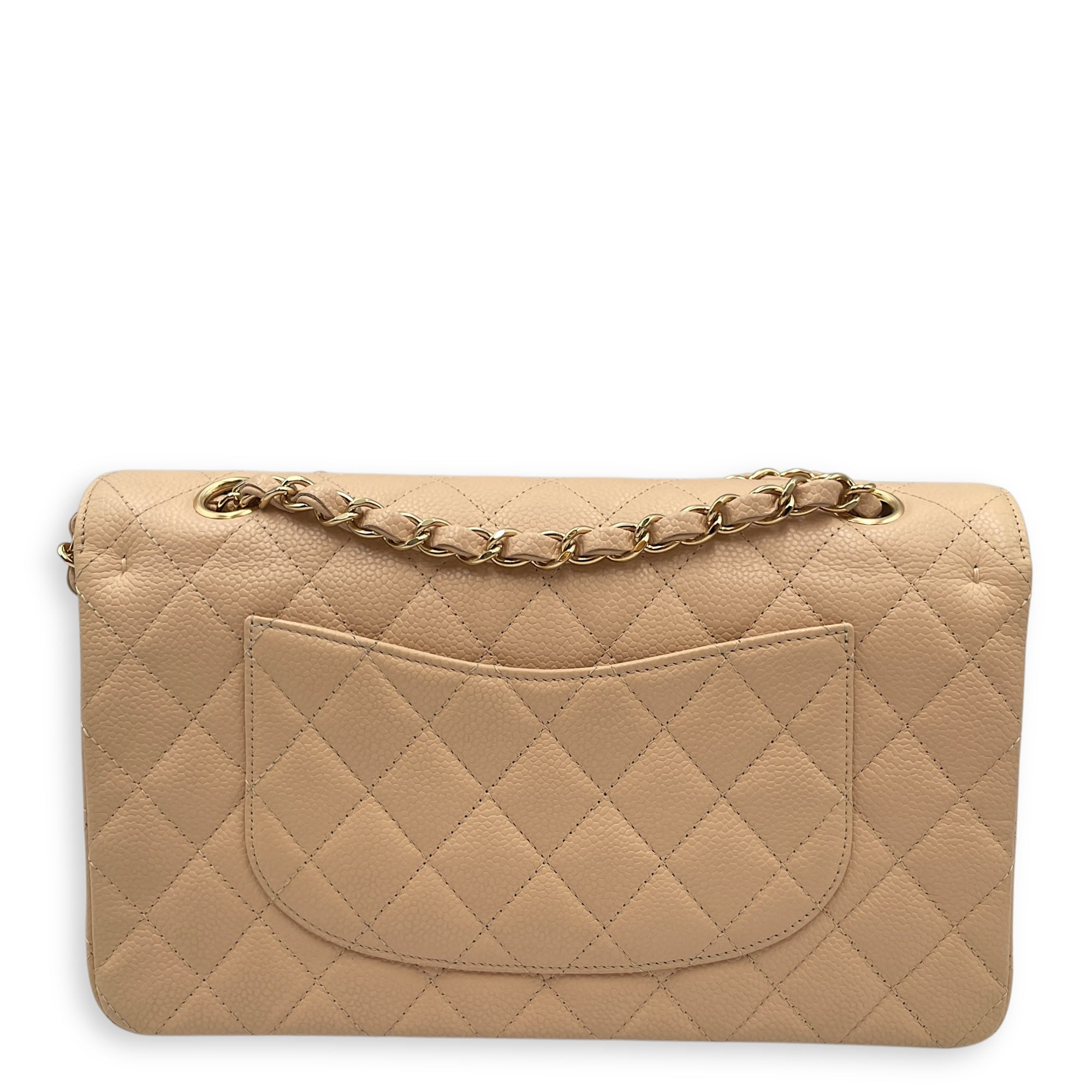 Quilted Classic Medium Beige Double Flap Bag in Caviar Leather, Gold hardware