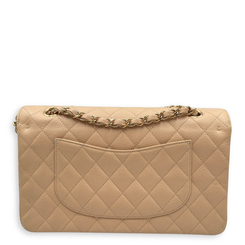 Quilted Classic Medium Beige Double Flap Bag in Caviar Leather, Gold hardware