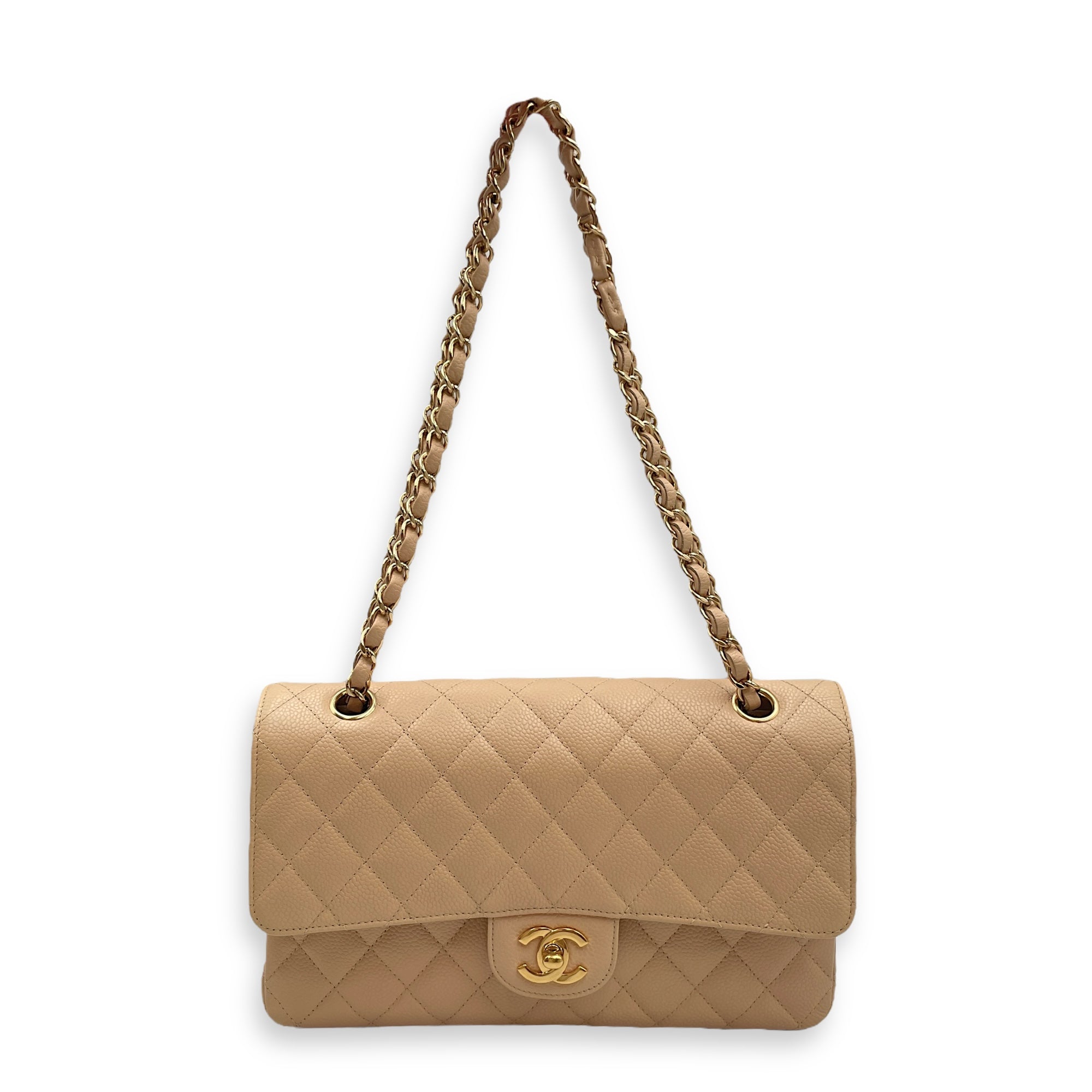 Quilted Classic Medium Beige Double Flap Bag in Caviar Leather, Gold hardware