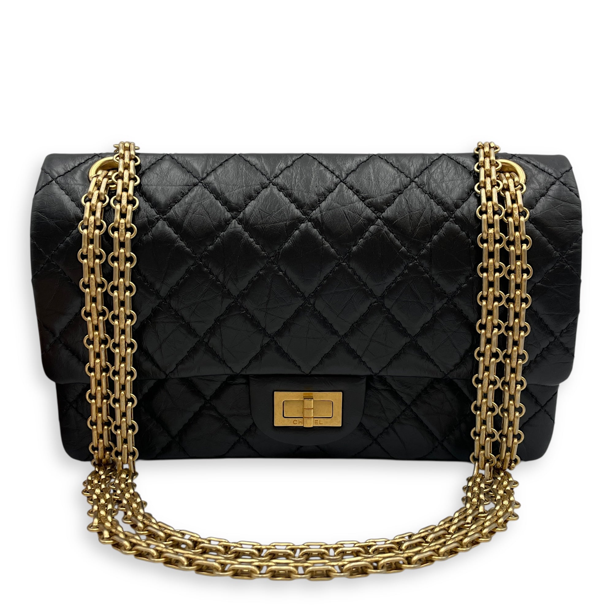 Reissue Small Black Flap Bag in Distressed Leather, Gold hardware