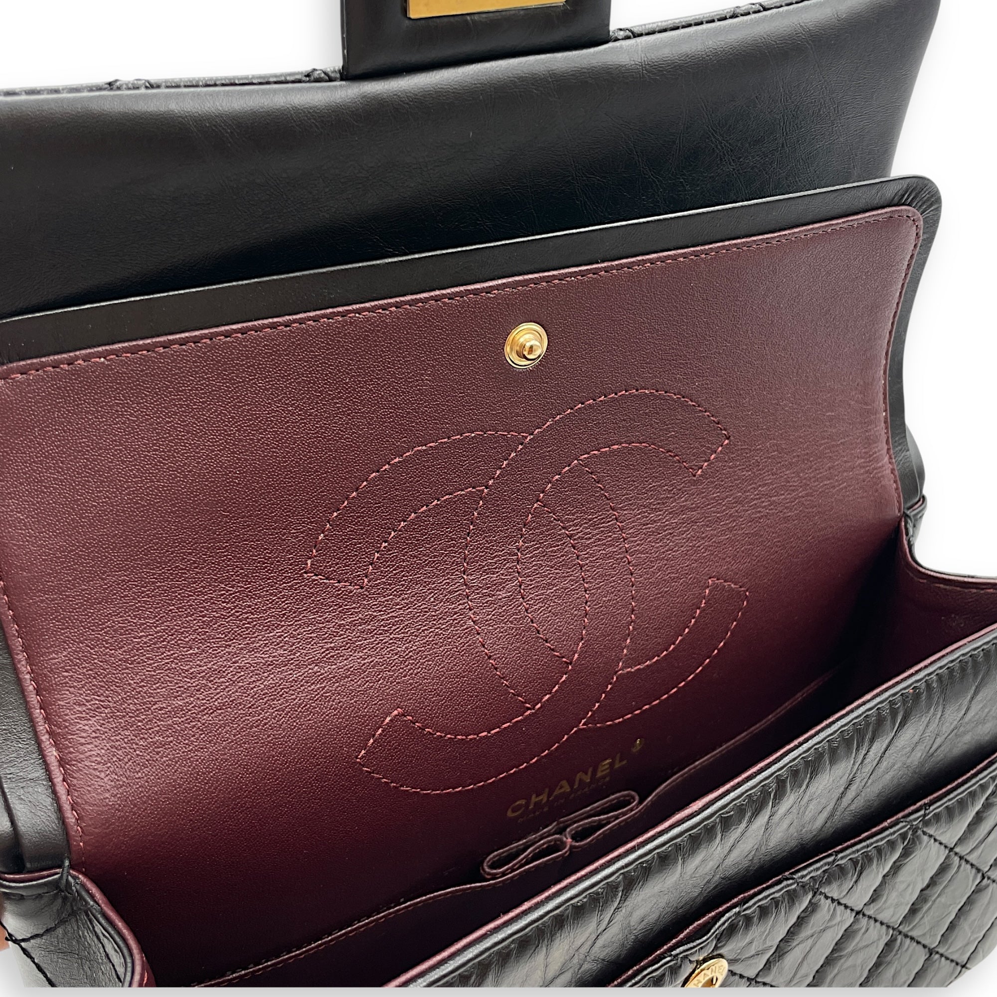 Reissue Small Black Flap Bag in Distressed Leather, Gold hardware