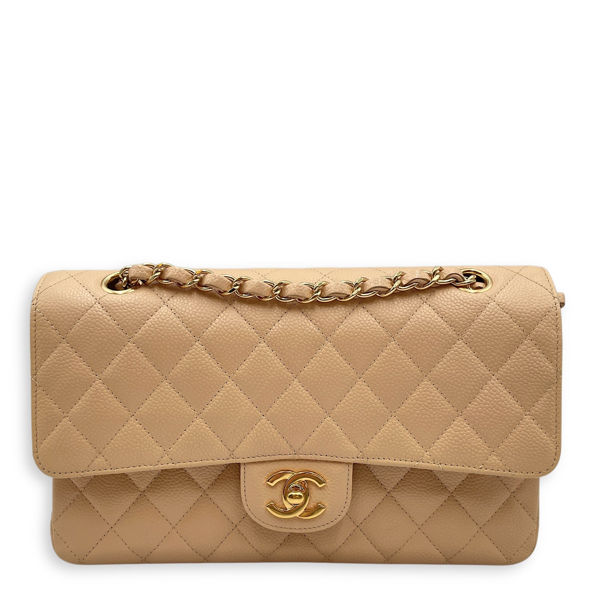 Quilted Classic Medium Beige Double Flap Bag in Caviar Leather, Gold hardware