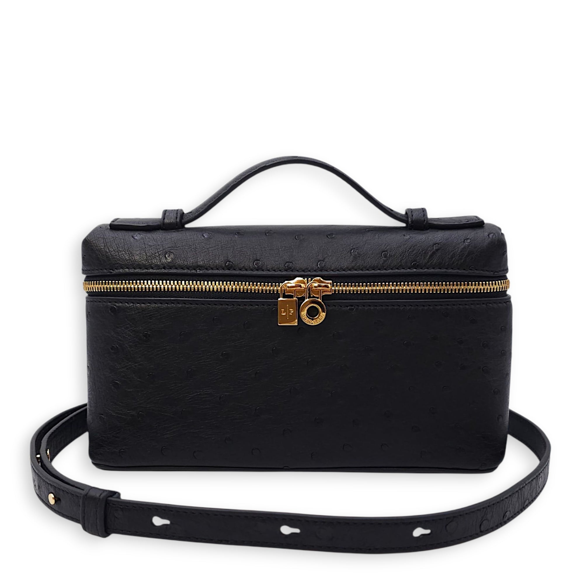 Extra Pocket 19 Black Crossbody Bag in Ostrich, Gold hardware