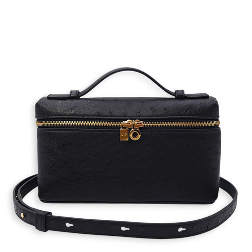 Extra Pocket 19 Black Crossbody Bag in Ostrich, Gold hardware