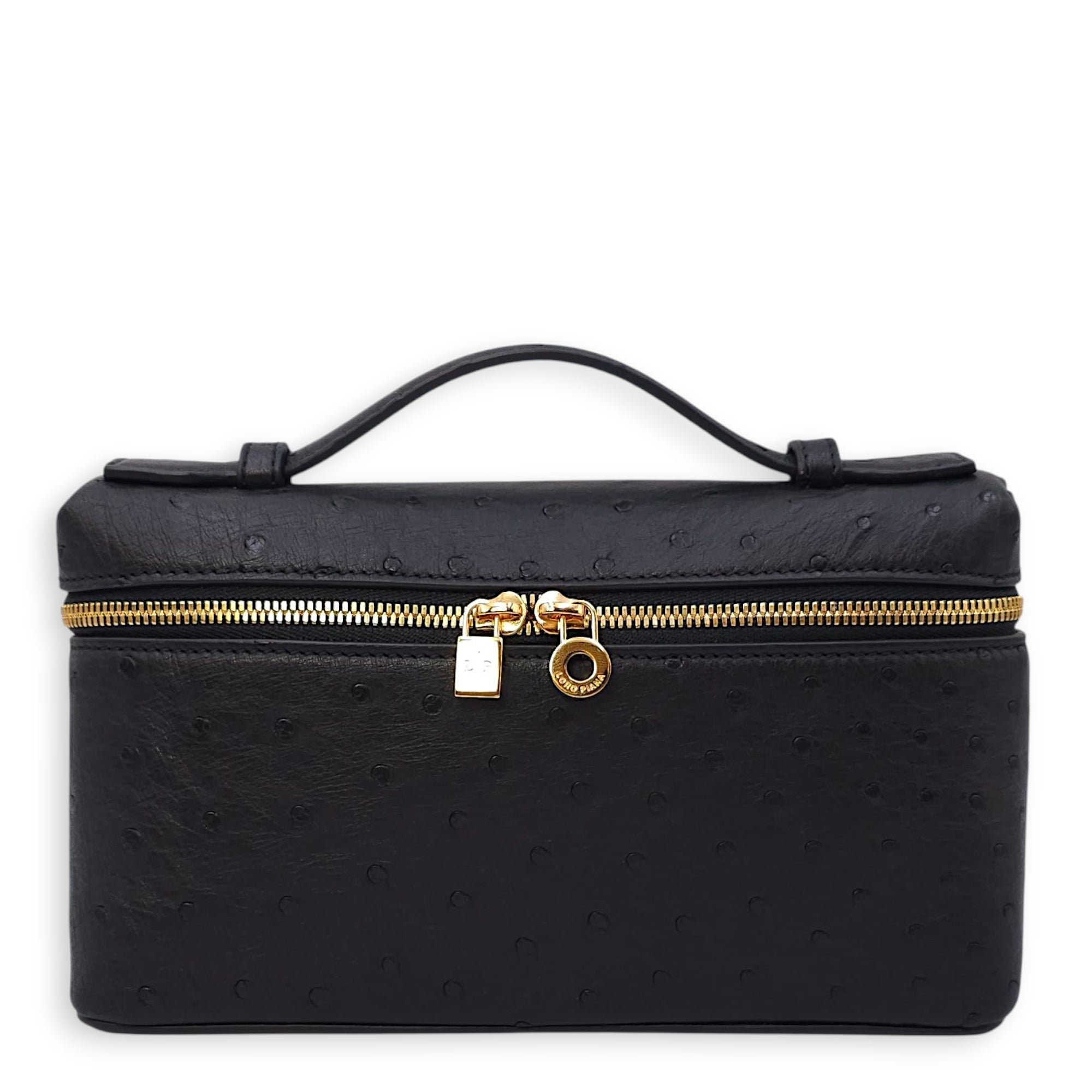 Extra Pocket 19 Black Crossbody Bag in Ostrich, Gold hardware