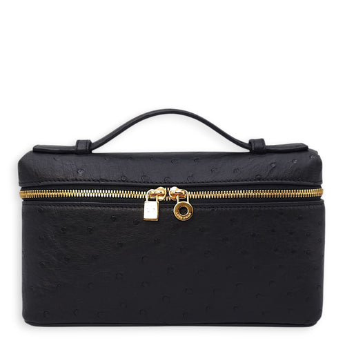 Extra Pocket 19 Black Crossbody Bag in Ostrich, Gold hardware