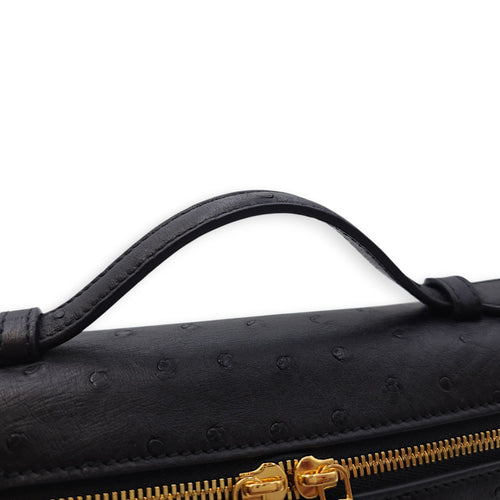 Extra Pocket 19 Black Crossbody Bag in Ostrich, Gold hardware