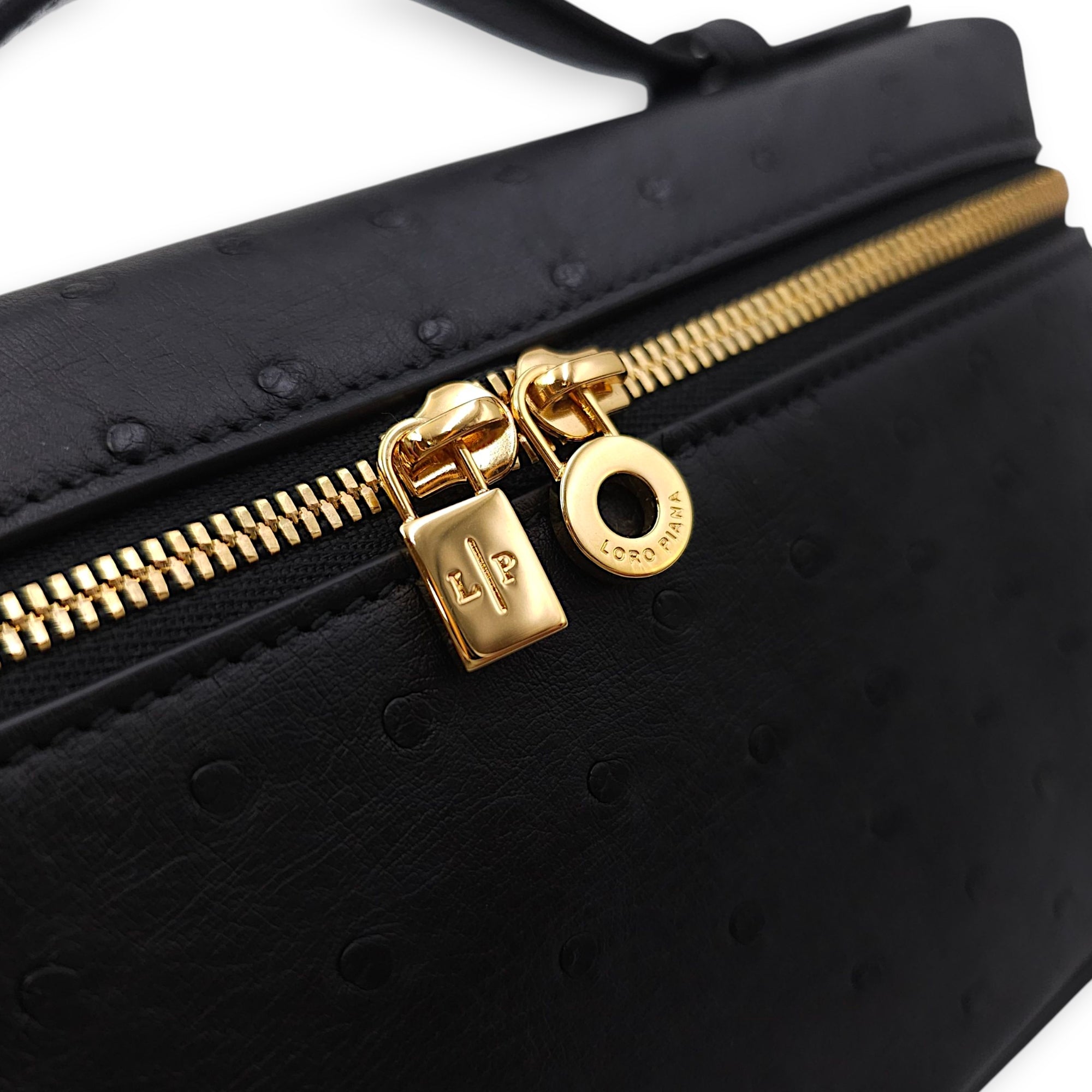 Extra Pocket 19 Black Crossbody Bag in Ostrich, Gold hardware