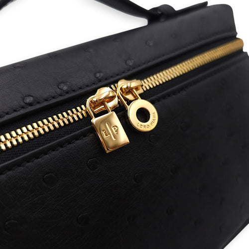 Extra Pocket 19 Black Crossbody Bag in Ostrich, Gold hardware