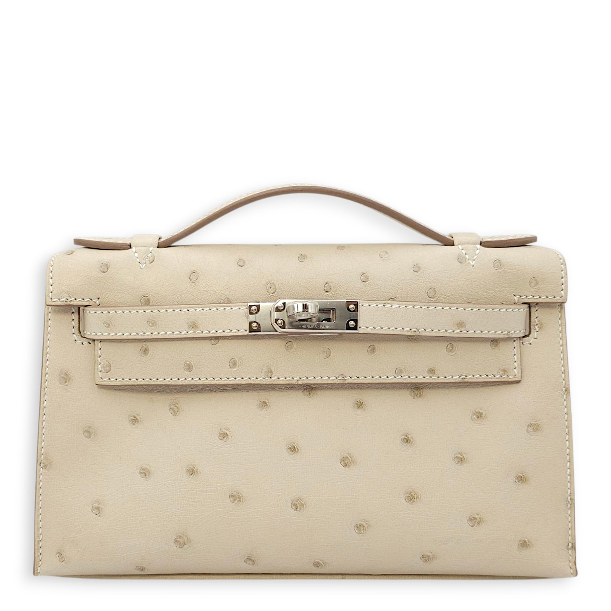 Kelly Pochette Craie in Ostrich, Palladium hardware