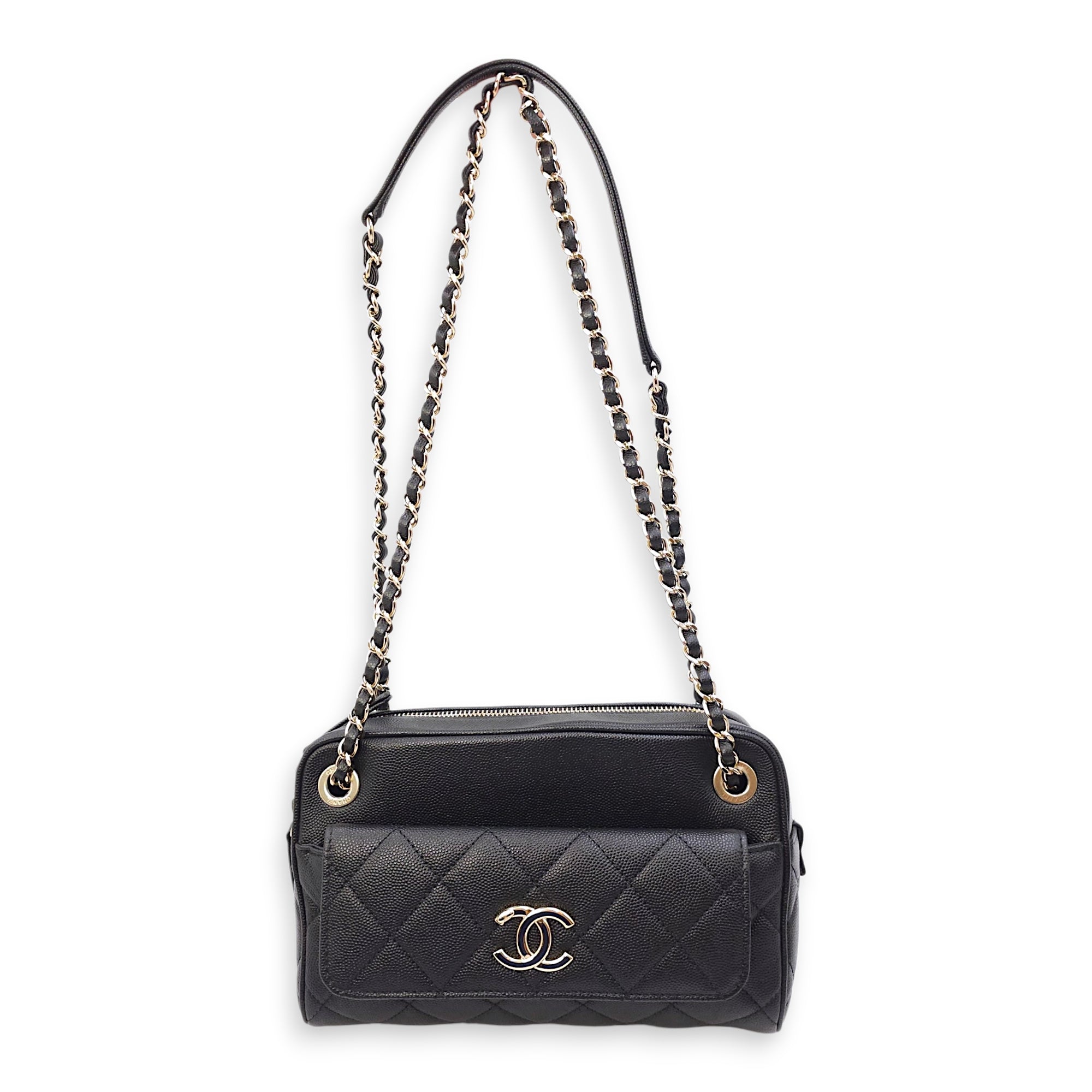 Quilted In & Out Small Black Camera Bag with Slim Pouch in Caviar Leather, Gold hardware