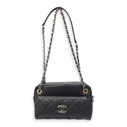 Quilted In & Out Small Black Camera Bag with Slim Pouch in Caviar Leather, Gold hardware