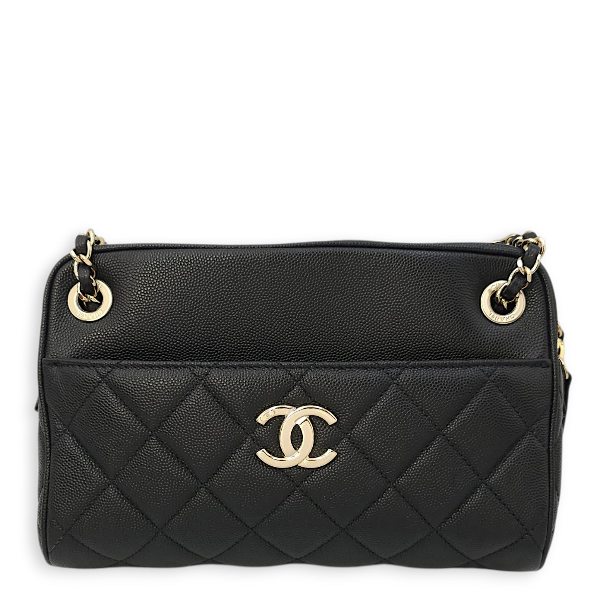 Quilted In & Out Small Black Camera Bag with Slim Pouch in Caviar Leather, Gold hardware