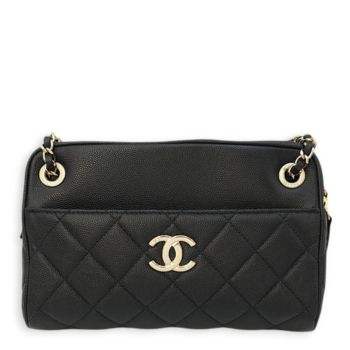 Quilted In & Out Small Black Camera Bag with Slim Pouch in Caviar Leather, Gold hardware