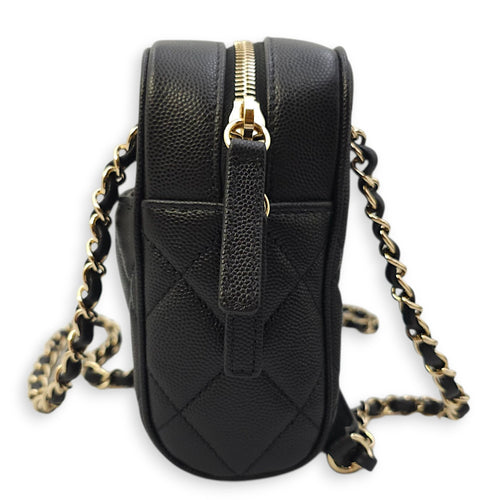 Quilted In & Out Small Black Camera Bag with Slim Pouch in Caviar Leather, Gold hardware