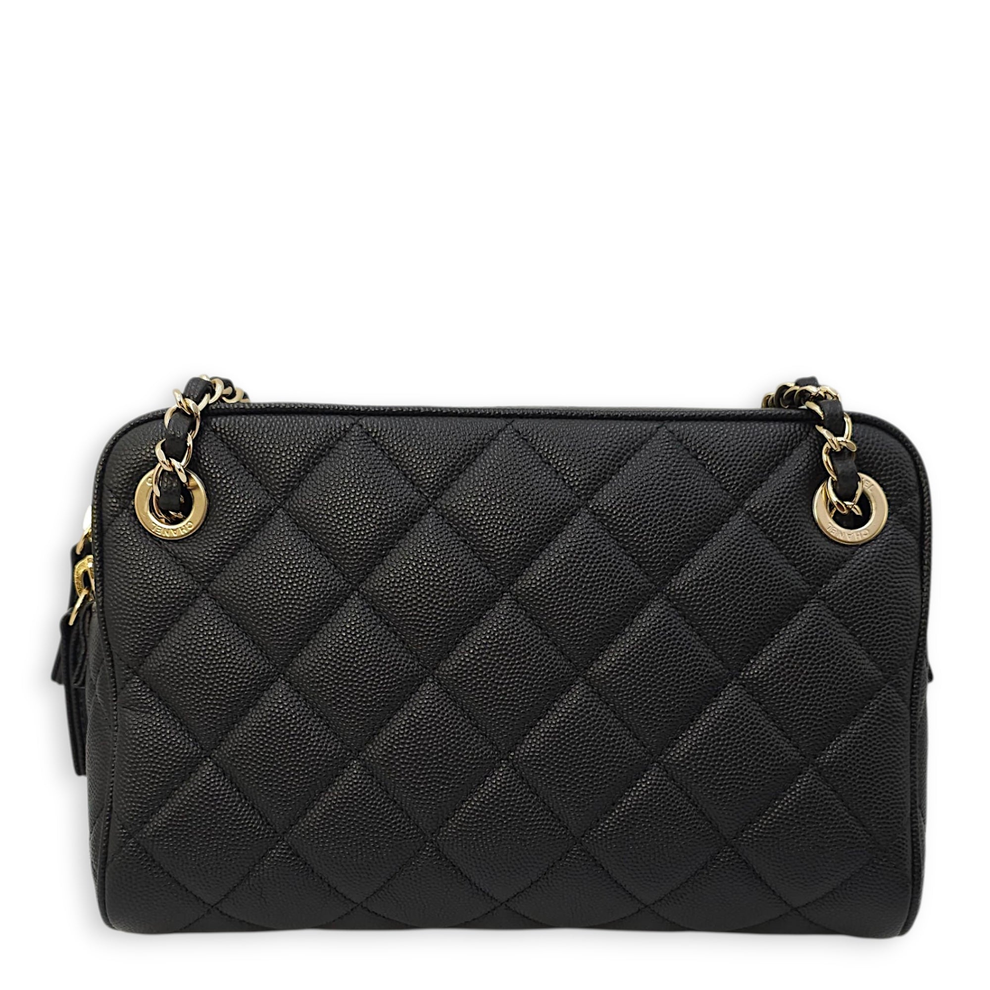 Quilted In & Out Small Black Camera Bag with Slim Pouch in Caviar Leather, Gold hardware