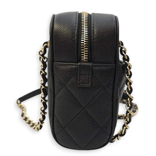 Quilted In & Out Small Black Camera Bag with Slim Pouch in Caviar Leather, Gold hardware