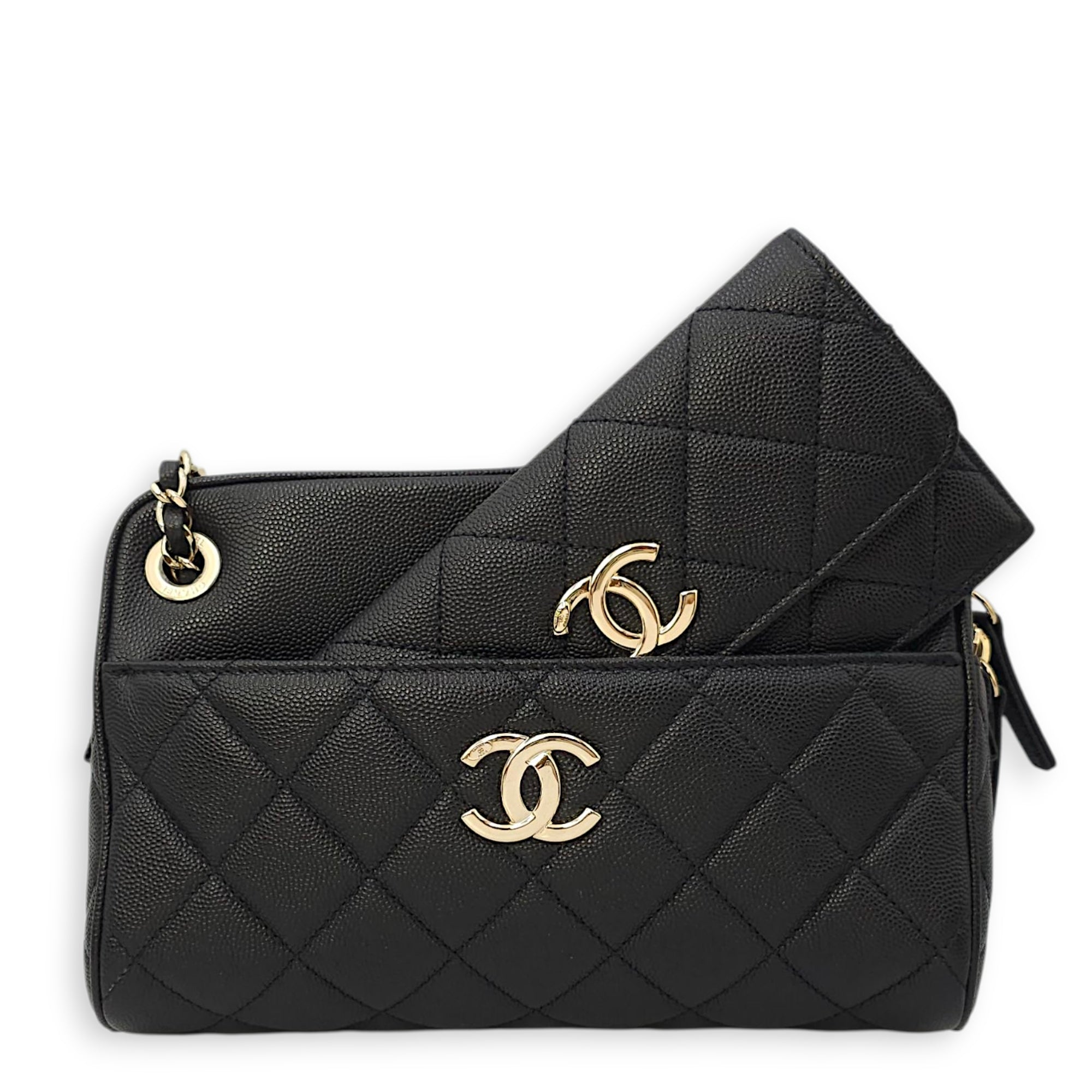 Quilted In & Out Small Black Camera Bag with Slim Pouch in Caviar Leather, Gold hardware