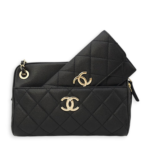 Quilted In & Out Small Black Camera Bag with Slim Pouch in Caviar Leather, Gold hardware