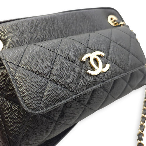 Quilted In & Out Small Black Camera Bag with Slim Pouch in Caviar Leather, Gold hardware