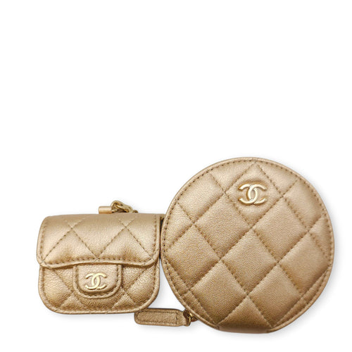 Quilted Duo Round Metallic Gold Clip on Purse in Lambskin, Gold hardware