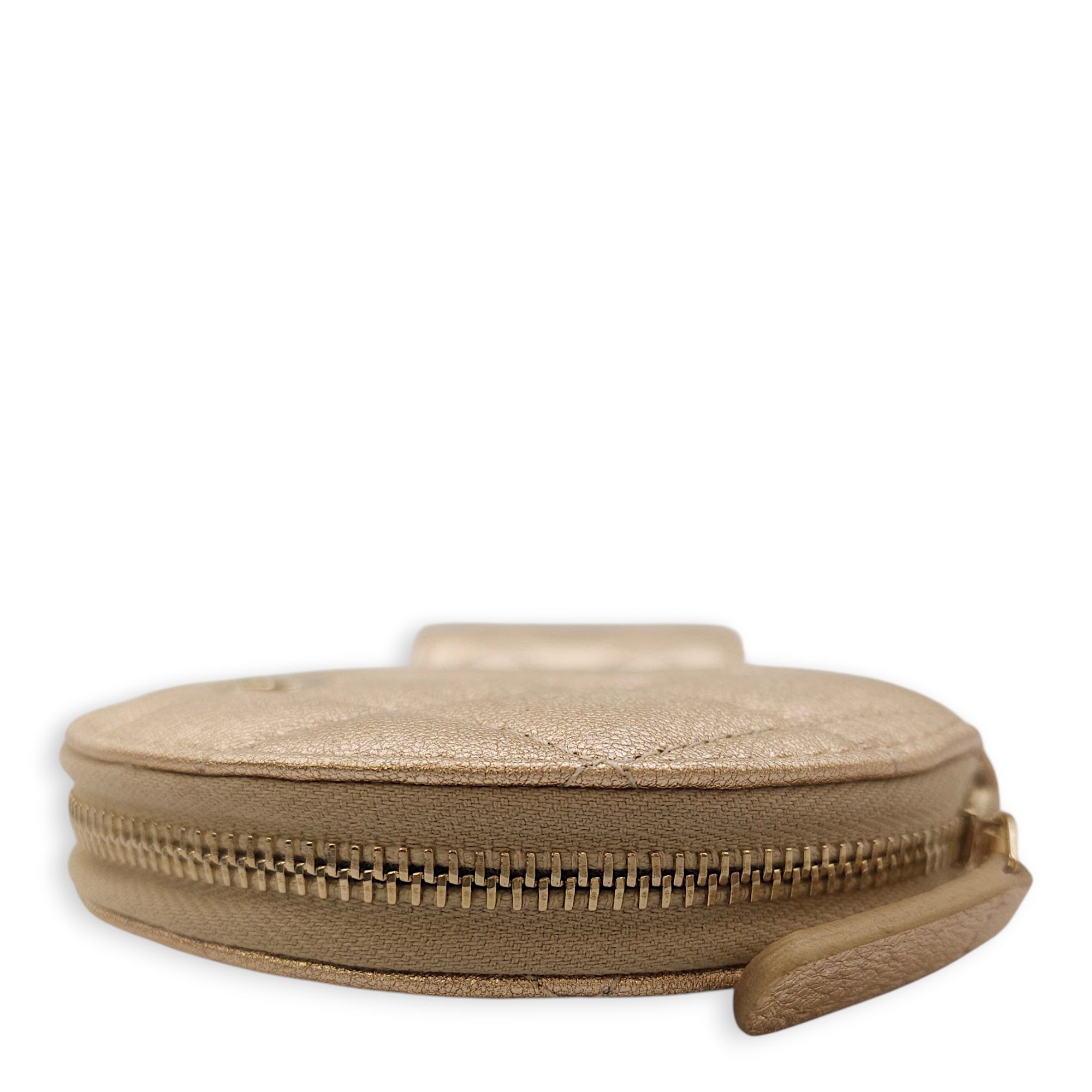 Quilted Duo Round Metallic Gold Clip on Purse in Lambskin, Gold hardware