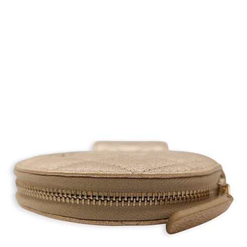 Quilted Duo Round Metallic Gold Clip on Purse in Lambskin, Gold hardware